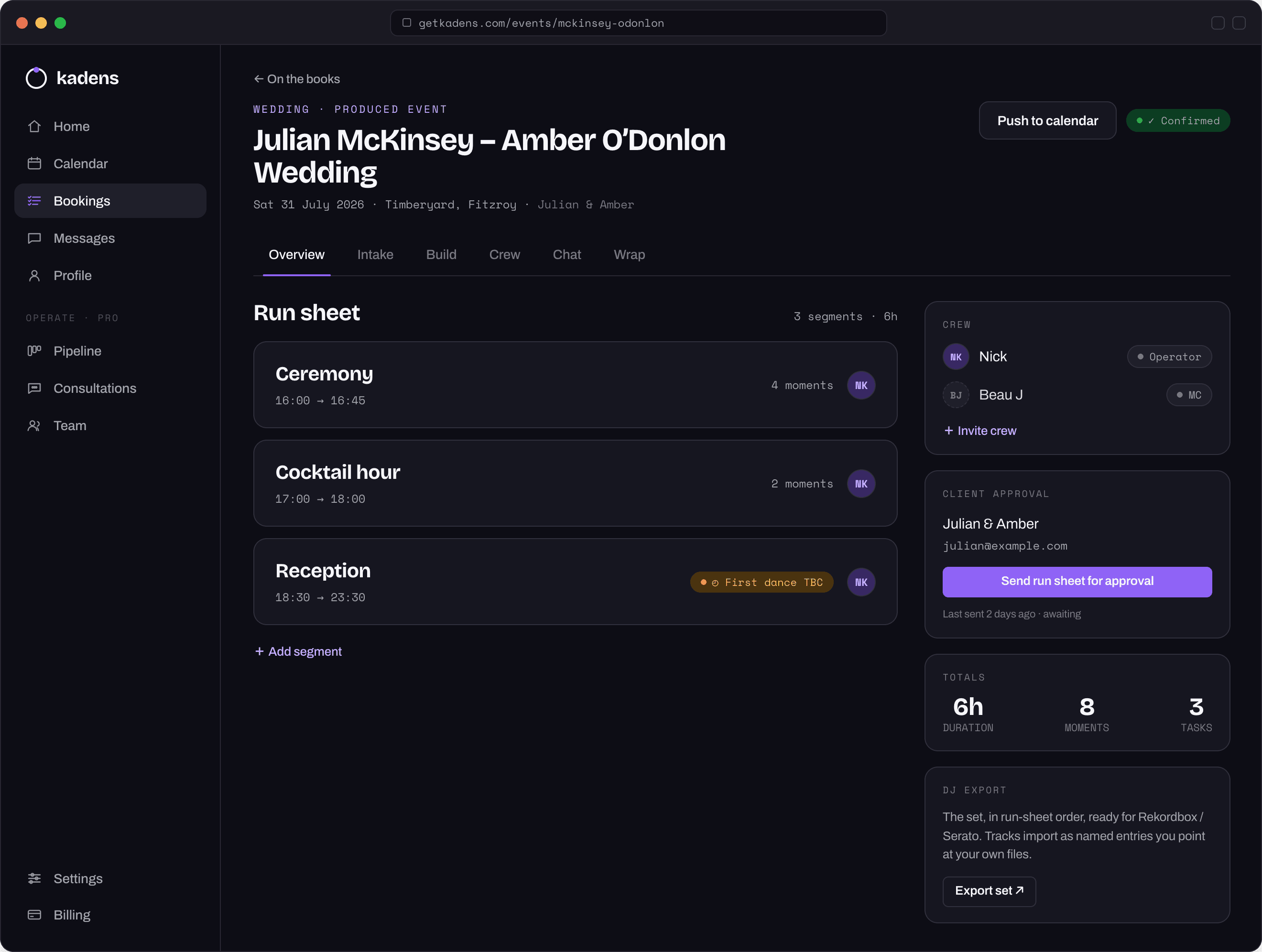 Kadens event workspace for a wedding — run sheet segments, crew, client approval, totals and DJ export