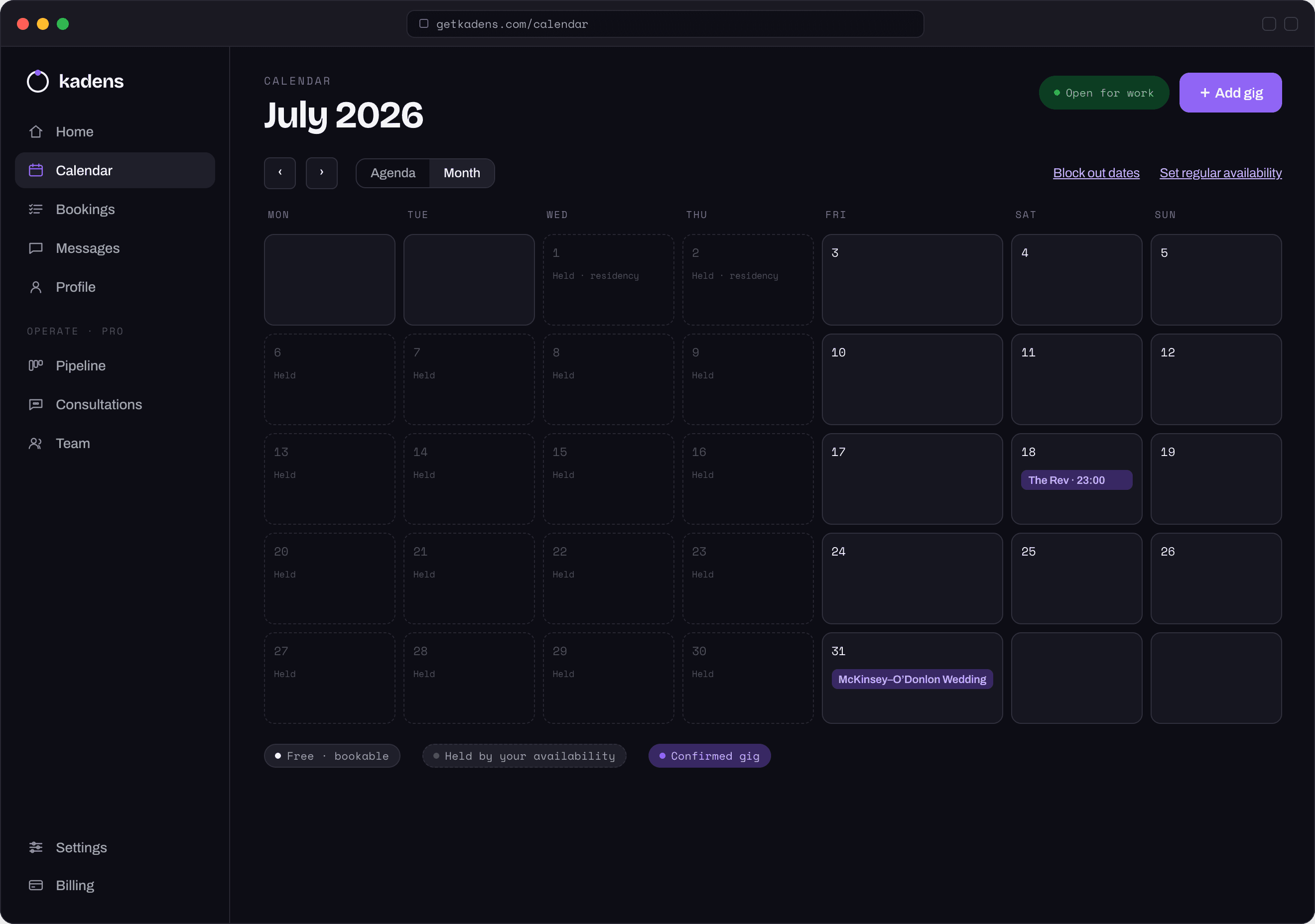 Kadens calendar month view with booked, held and open nights