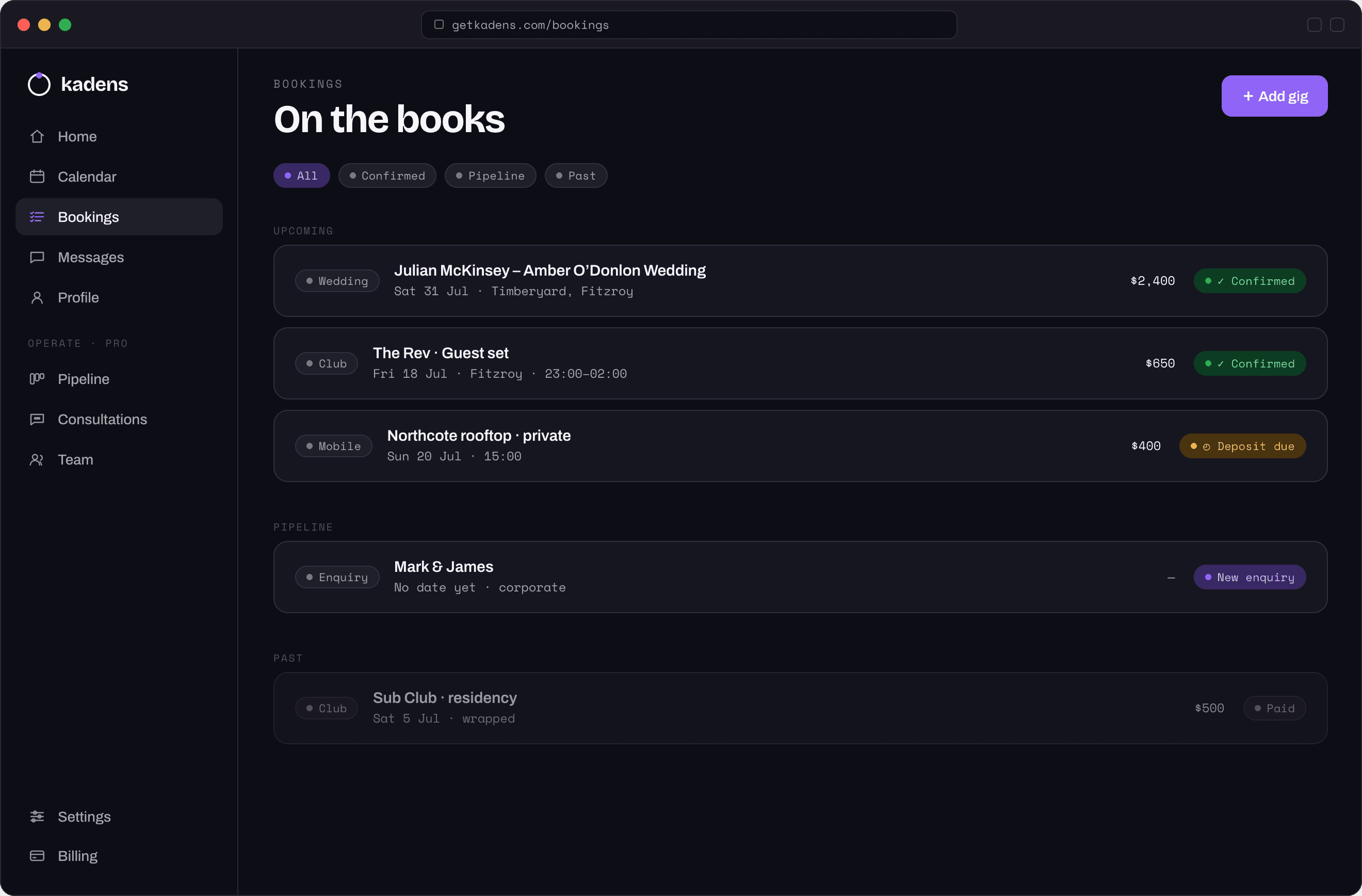 Kadens bookings list — confirmed, pending and past gigs from every source in one view