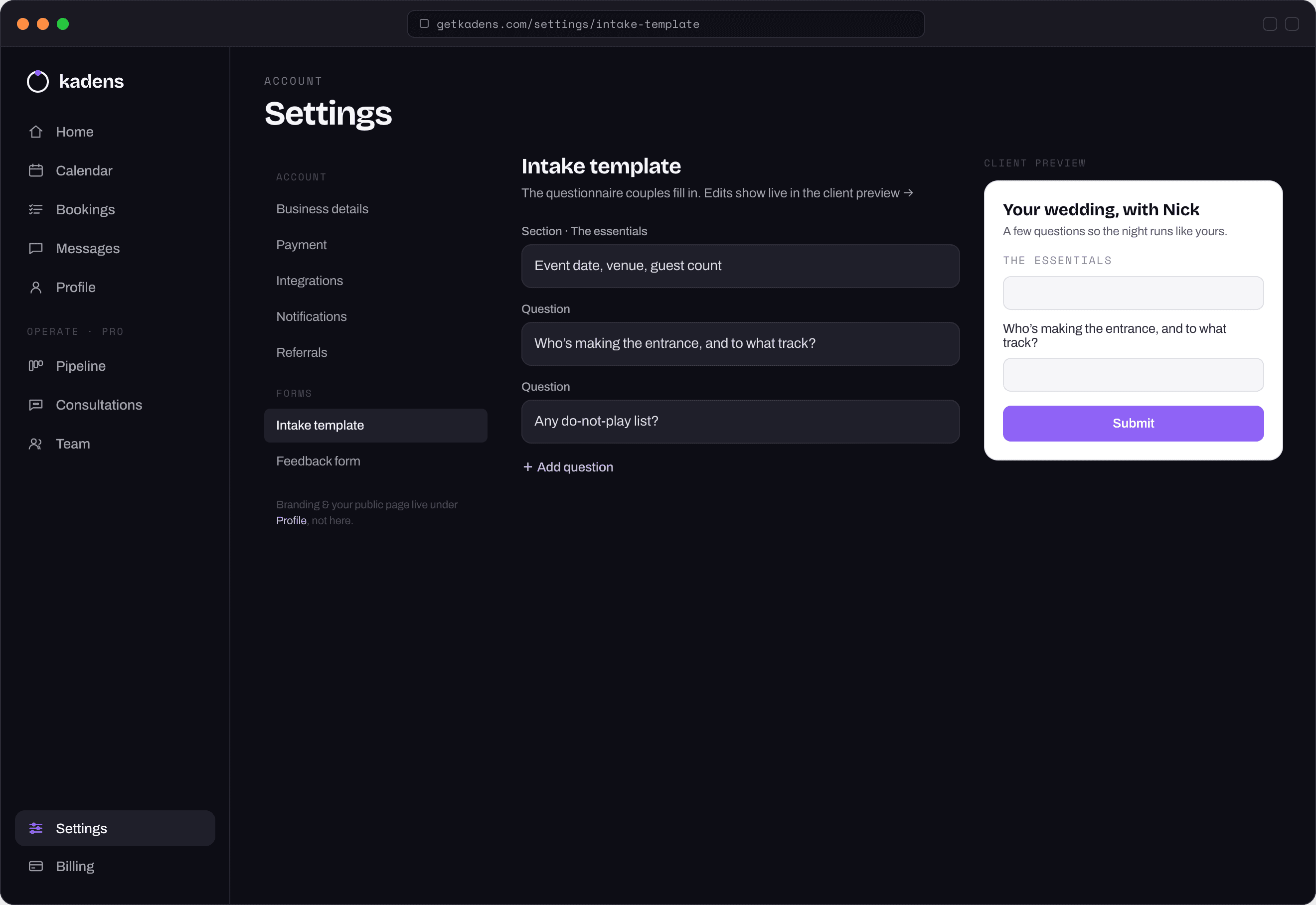Kadens intake template editor with live client preview of the questionnaire
