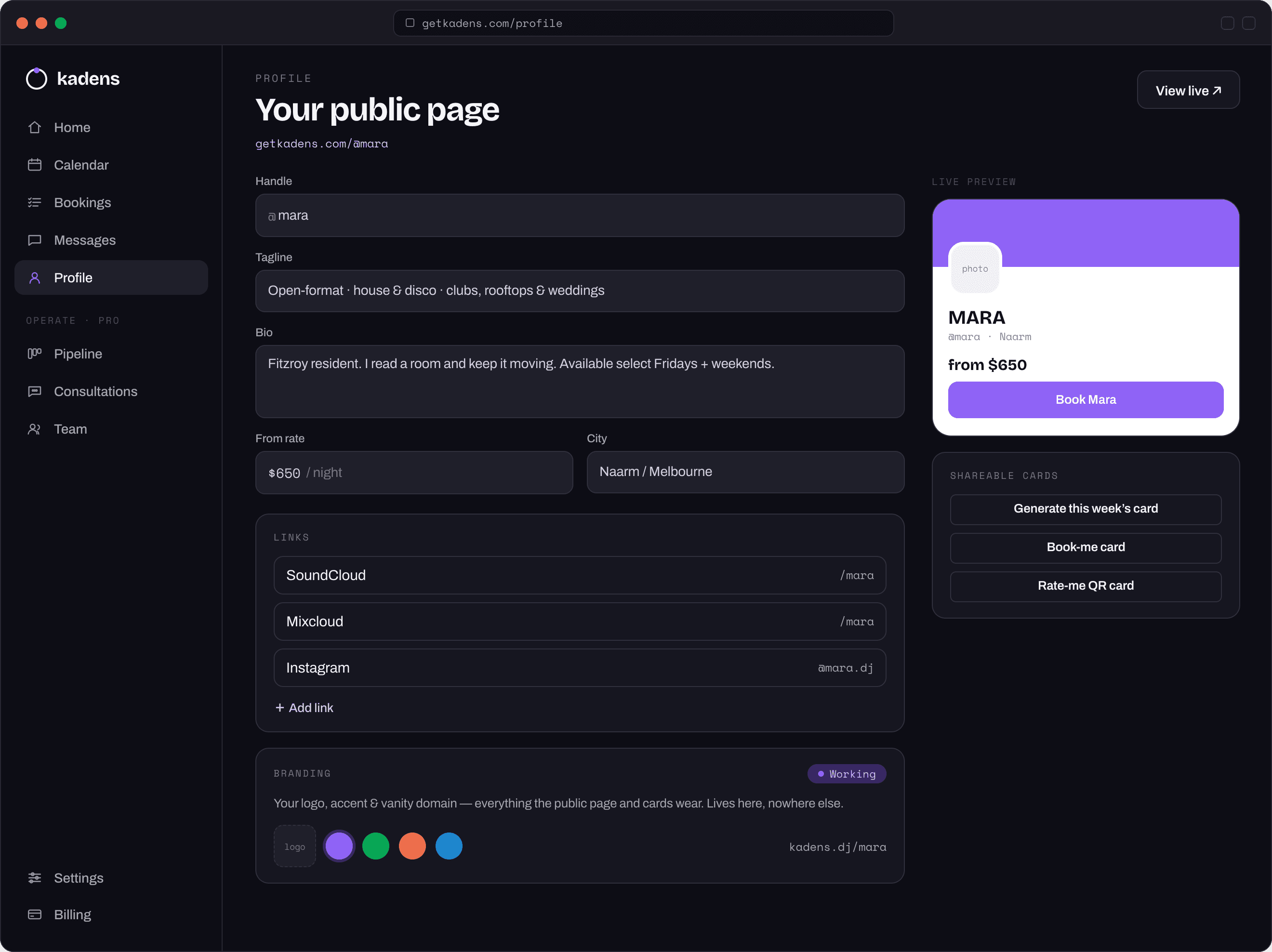 Kadens profile settings — handle, tagline, rate, links, branding and live preview of the public page