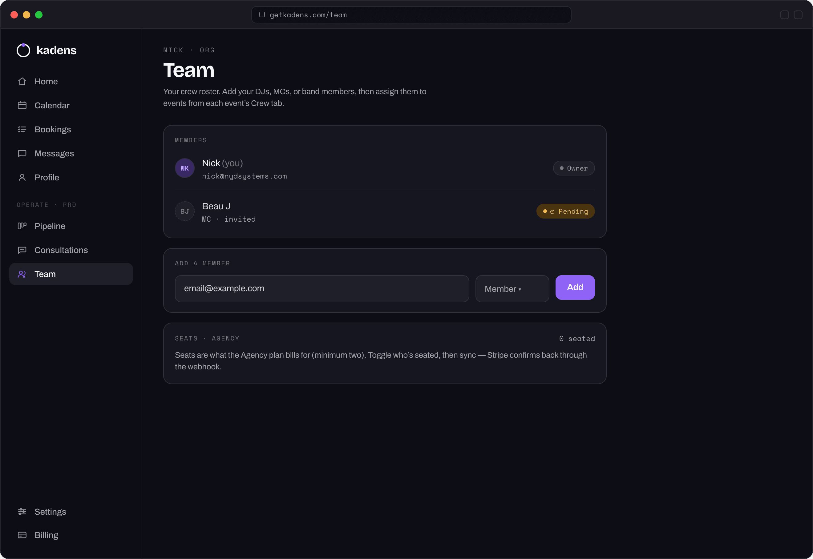 Kadens team screen — members with owner and pending roles, add a member by email